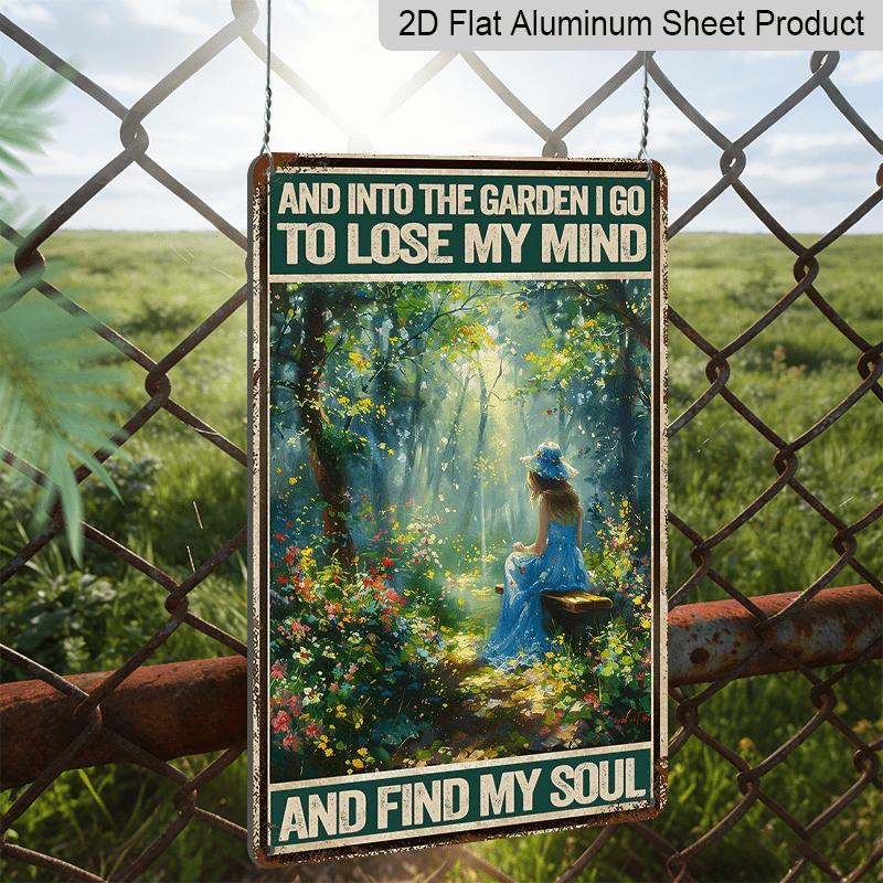 2D Flat, Vintage-Inspired Metal Wall Art - "Into The Garden I Go To Lose My Mind" Quote, 8x12 Inch, Rustic Forest Scene with Hanging Chair, Ideal for