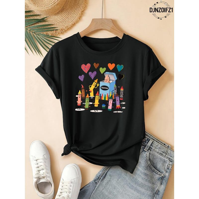 European Size 100% Polyester, Crayon Playground summer printed T-shirt, suitable for daily versatility, essential for outdoor wear