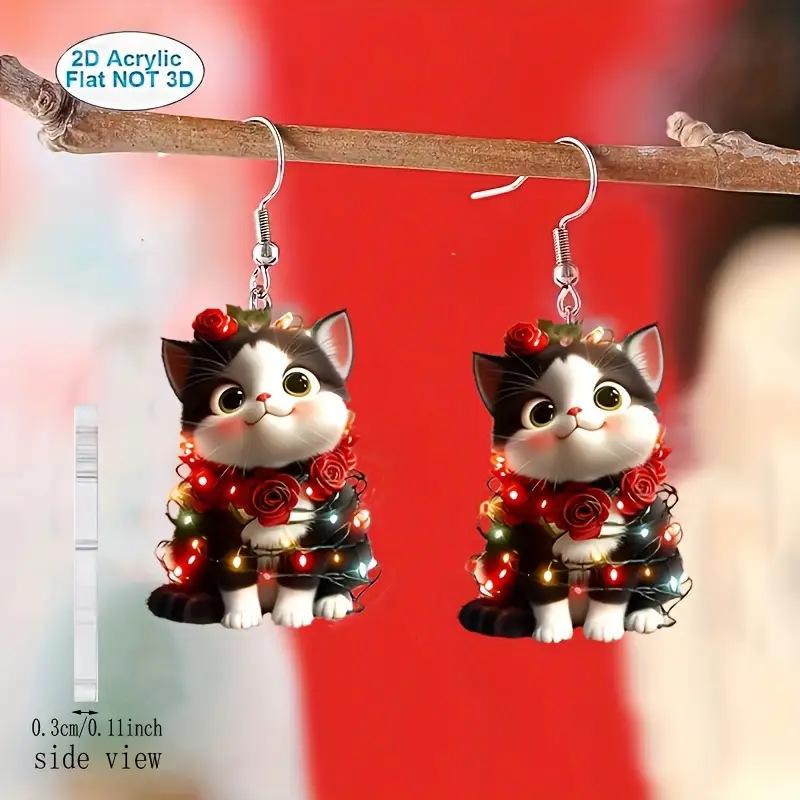 Cross-border new Christmas cat earrings flat acrylic with flower wreath luminous kitten earrings jewelry