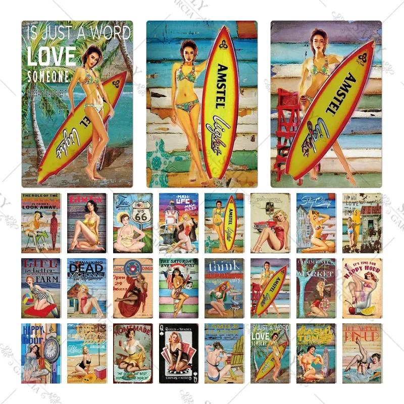 Vintage Surfing Girls Metal Sign Posters for Home Decor Fashion Art Wall Mural Bar Pub Sign Decor Metal Plate
