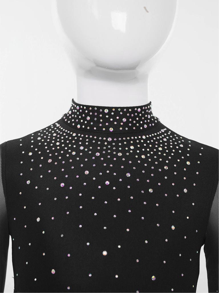 Girls Sheer Mesh Patchwork Full Body Leotard Mock Neck Long Sleeve Keyhole Back Sparkly Rhinestones Jumpsuit