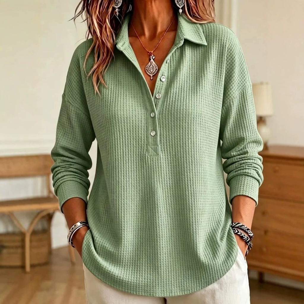 Damen S Waffelstrick Langarm Pullover T-Shirt Locker Lässiges Oberteil