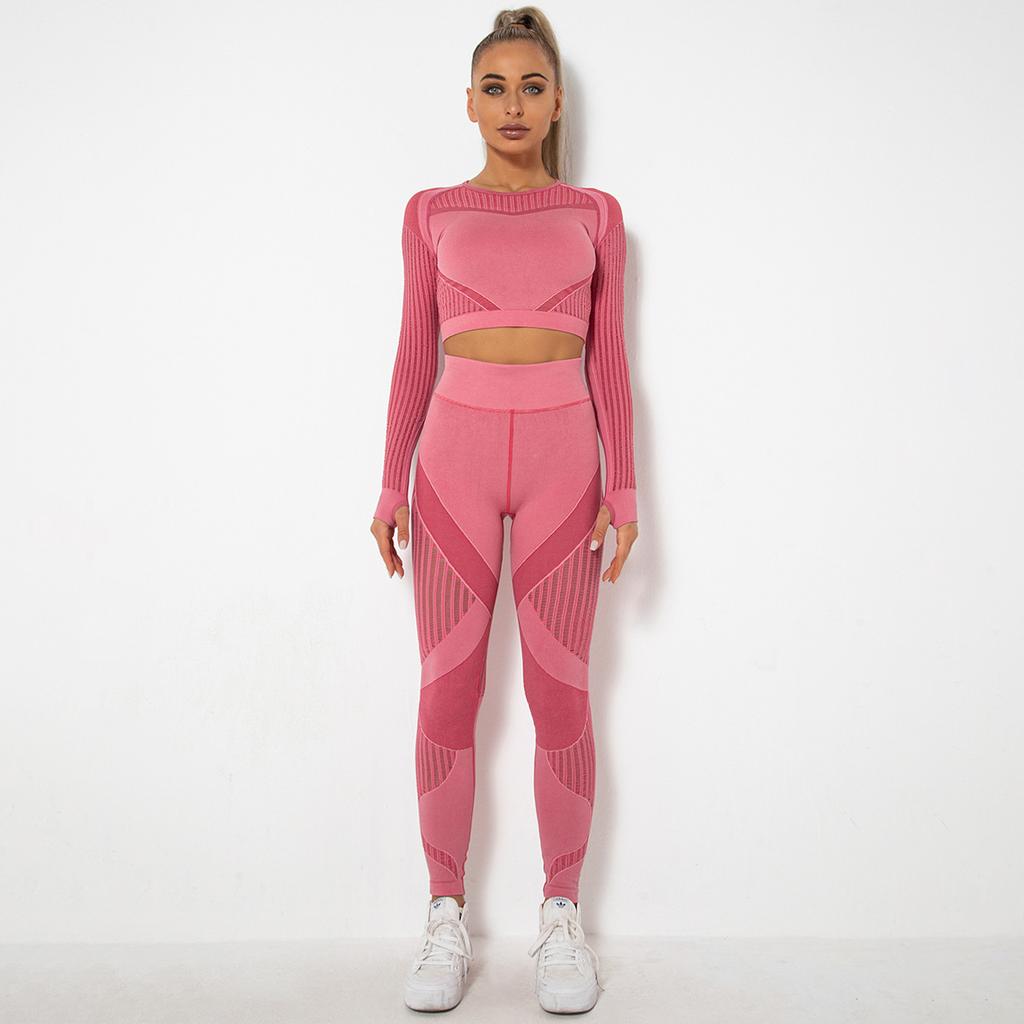 Set Yoga Donna 2 Pezzi Completi Senza Cuciture Manica Lunga Sexy Rete Forata Traspirante Set Palestra Push Up Tuta Abbigliamento Sportivo