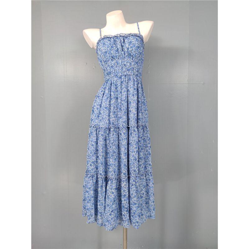 

Foreign Trade Order Summer New Sling Exquisite Print Vacation Slimming Island Waist Hugging A Word Big Hemline Sweet Dress Blue XL