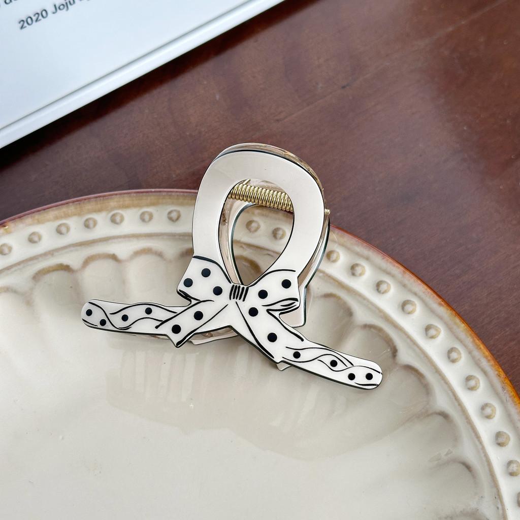 Elegant Hair Claw Clip In Polka Dot Design With Charming Bow For Daily Use