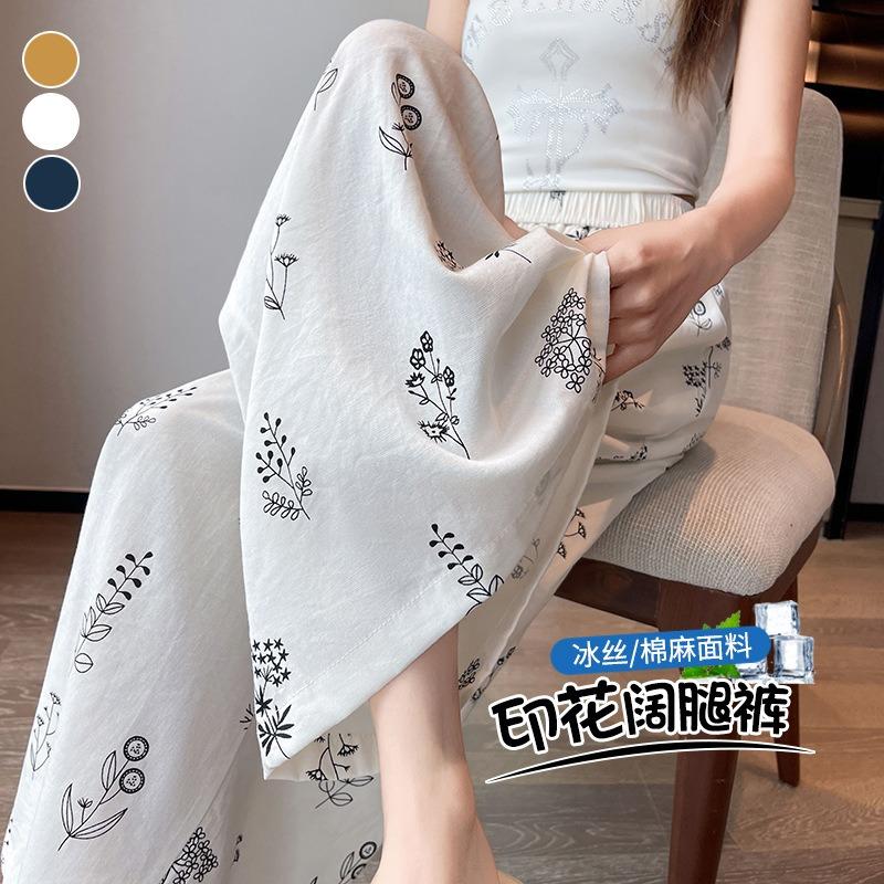 Women High Waist Floral Printed Loose Wide Leg Casual Cropped Pants