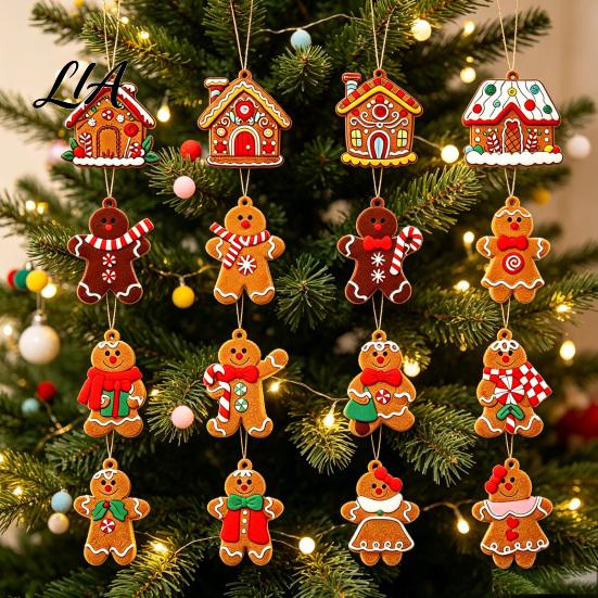 Decorative Cookie Style Tree Hanging 12/16/24PCS Wooden Christmas Ornaments, Gingerbread Man & House Decorations, Lightweight Xmas Charms Ornaments