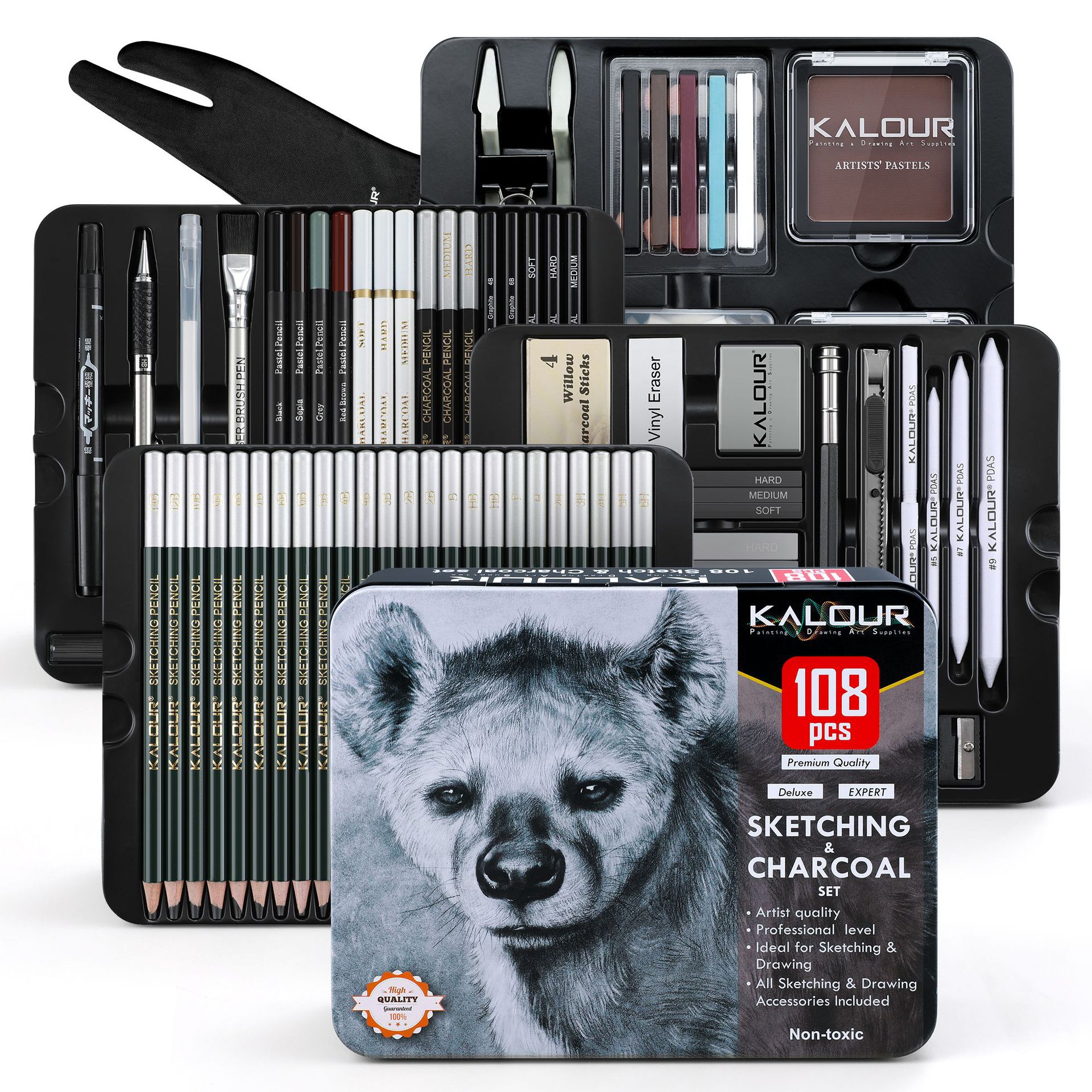 KALOUR Professionele Schets Houtskool Pen 108 stuks/Set, Geavanceerde IJzeren Doos Draagbaar Buiten Schetsen Schilderen Schrijfwaren Potloden