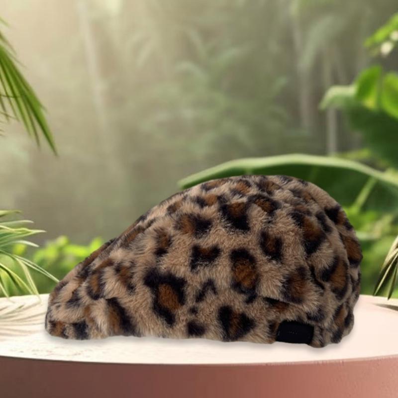 Popular Plush Leopard Beret Hat for Adult Painter Hat Spring Dome Hat Girl Photoshoots Hat Thick Warm Caps for Winter