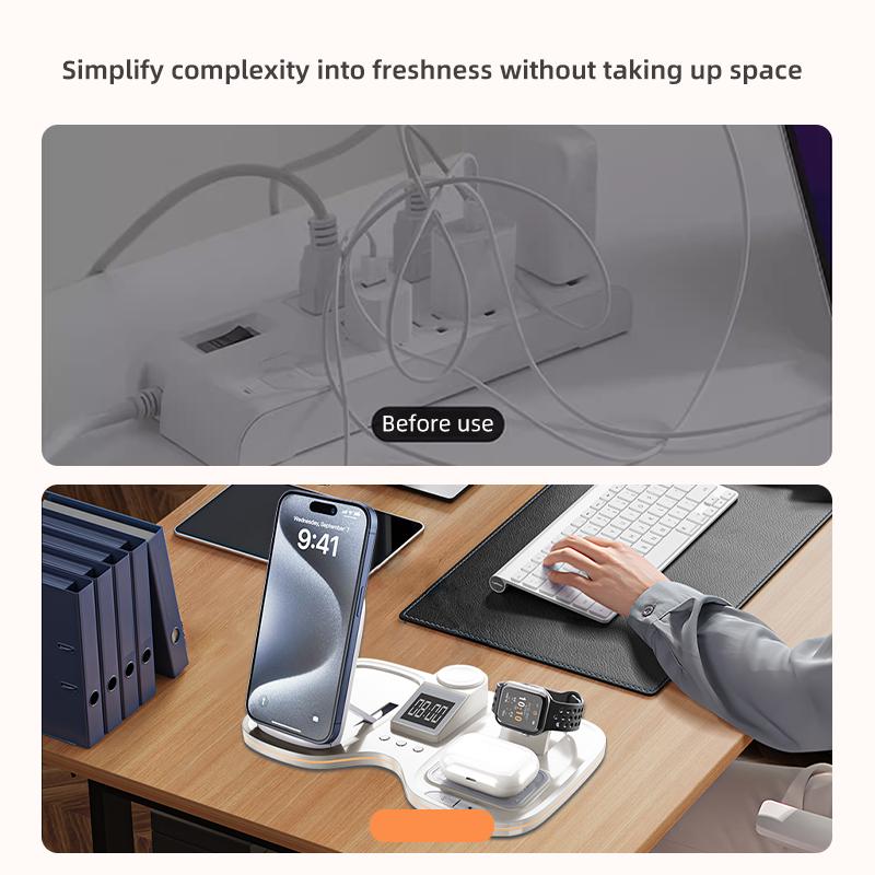 Custom logo Corporate Gift Multifunctional 15W Fast Charger Alarm Clock RGB Ambient Night Light 6 in 1 Wireless Charger Foldable