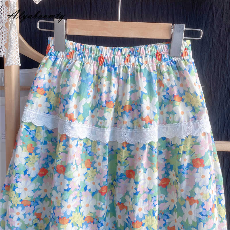 Mori Girl Sommar Kvinnor Blommig Semesterkjol Hög Midja Utskuren Lapptäcke Bomull Elegant Söt A-linjekjol