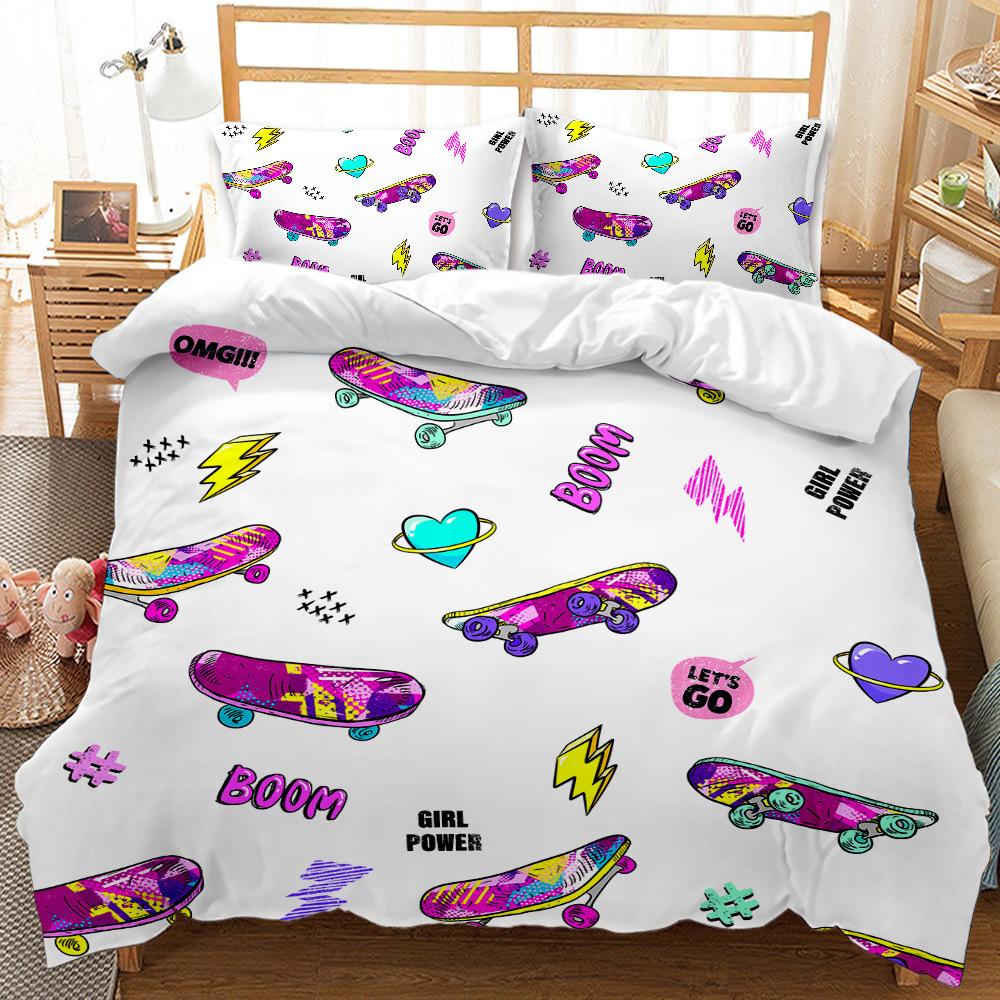 3D Digital Printing Size Skateboard Element Design Bed Three-Piece Set, Bed Sheet Three-Piece Set