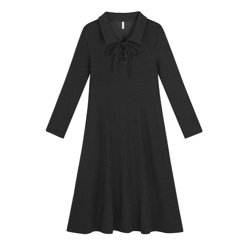 

French Polo Collar Knitted Dress - Spring Large Size with Fishbone Waist and Drape Long Skirt, Plus Size 63555 3XL (160-180 lbs)