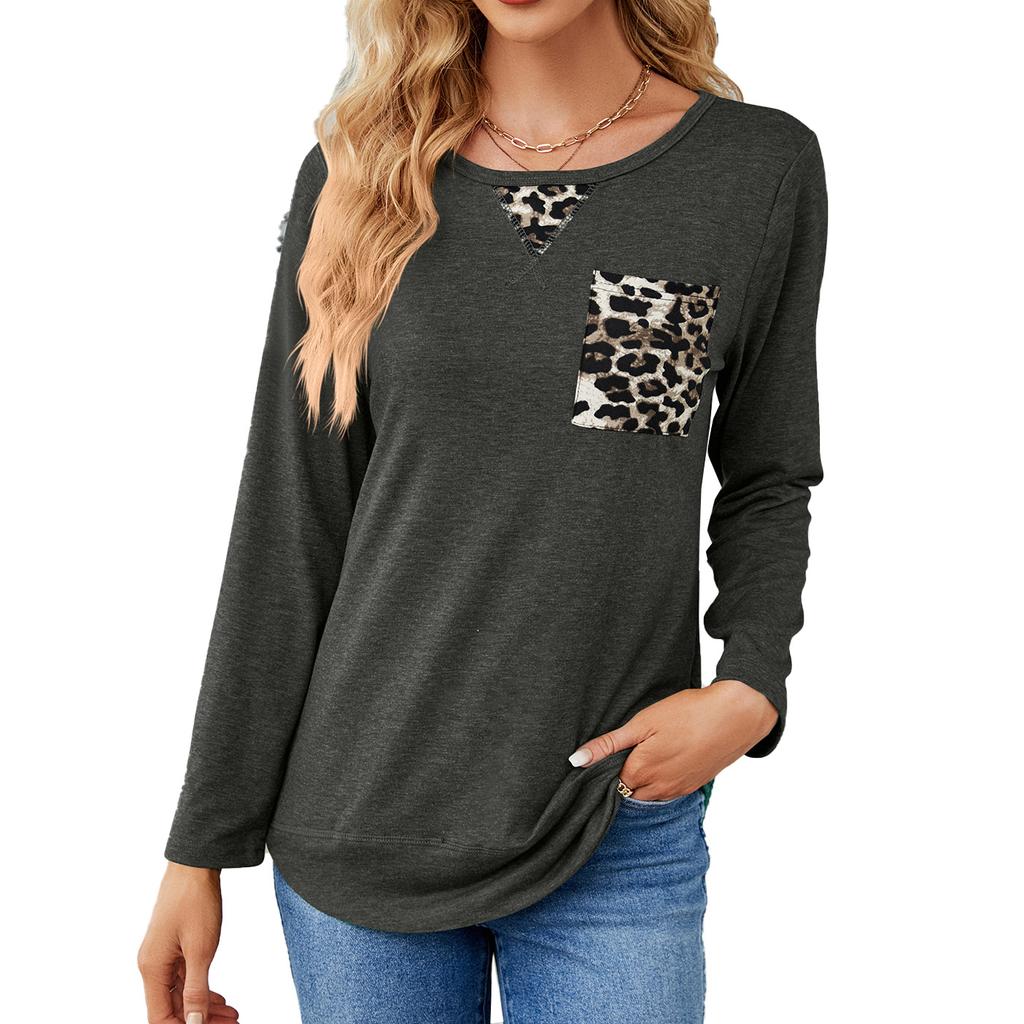 Vår og høst Dame Ny Mote Leopard Søm Langermet T-skjorte Damer Casual Topper