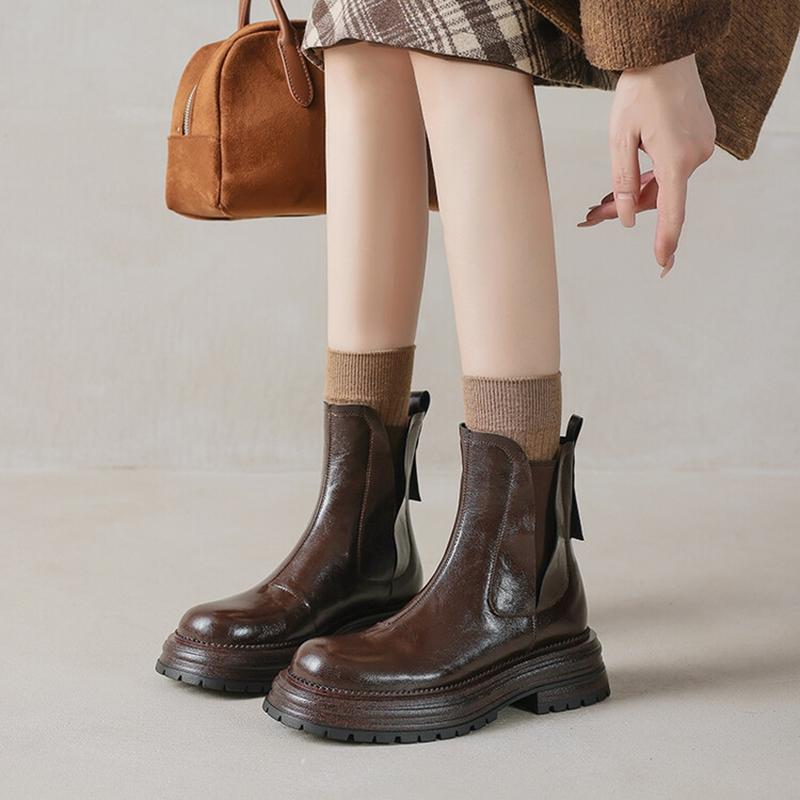 Fashion NEW Autumn Women Boots Round Toe Chunky Heel Shoes Split Leather Shoes Women Casual Platform Chelsea Boots Daily Shoes Zip Boots