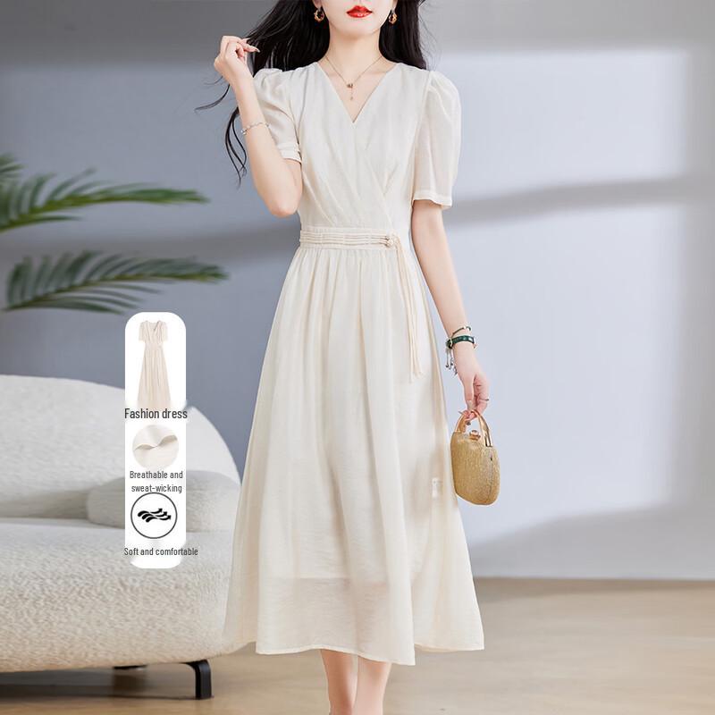Elegant New Chinese Style V-Neck Midi Dress XL