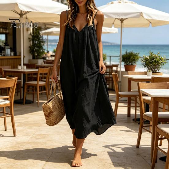 Soft Fabric Dress Women's Spaghetti Strap Beach Sundress, Summer Sleeveless V Comfortable Neck Cami Dress, Loose Flowy Vacation Long Versatile Holiday