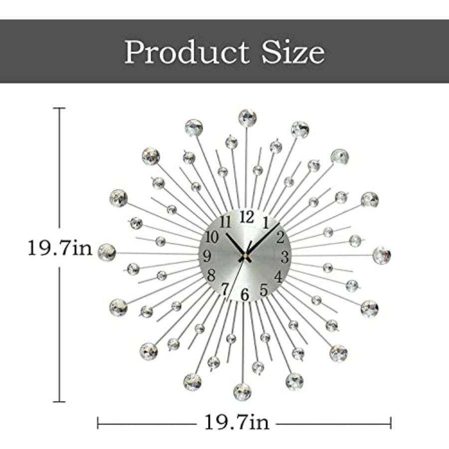 19,7 Zoll Große Wanduhr für Wohnzimmer-Dekoration Tickenfrei Leise Modern Metall Sternburst Bling Silber Kristall Wanduhren Deko