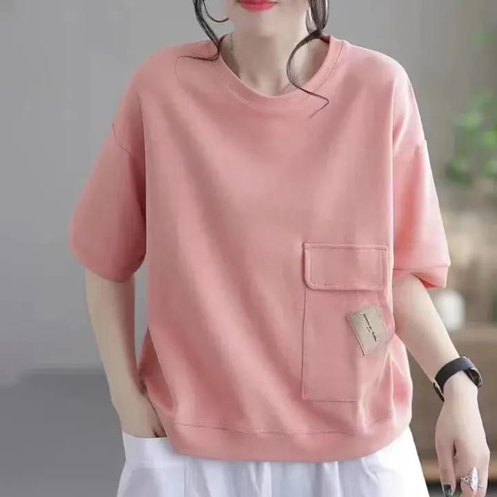 Women's Summer Round Neck Short Sleeve Solid Color Pocket T-Shirt Loose Age Reducing Skinny Belly Shading Tops