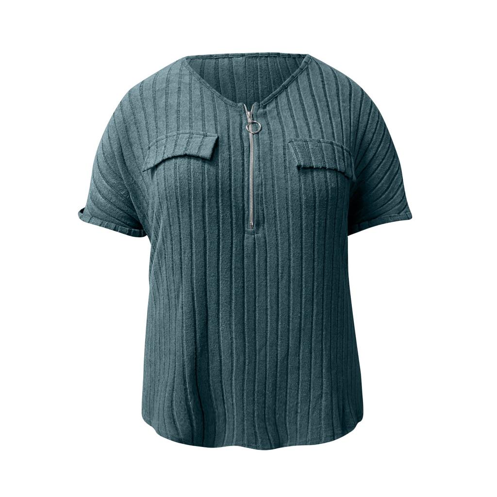 Women's Loose Solid Color Large Size Zipper Short Sleeve Fake Pocket Pullover T-shirt Top