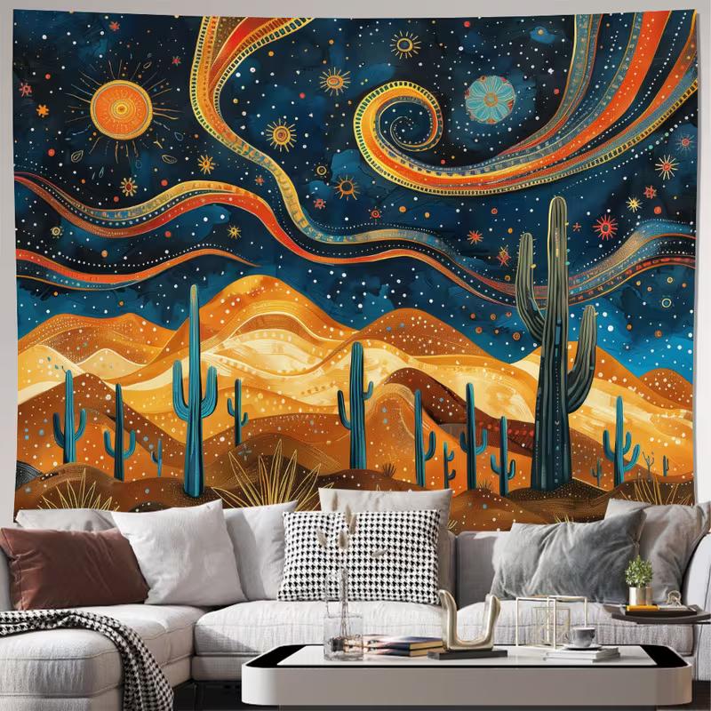 2D Arizona Desert Cactus Tapestry Boho Starry Night Sky and Saguaro Wall Decor Cloth for Home & Bedroom 47.2x31.5inch/120*80cm