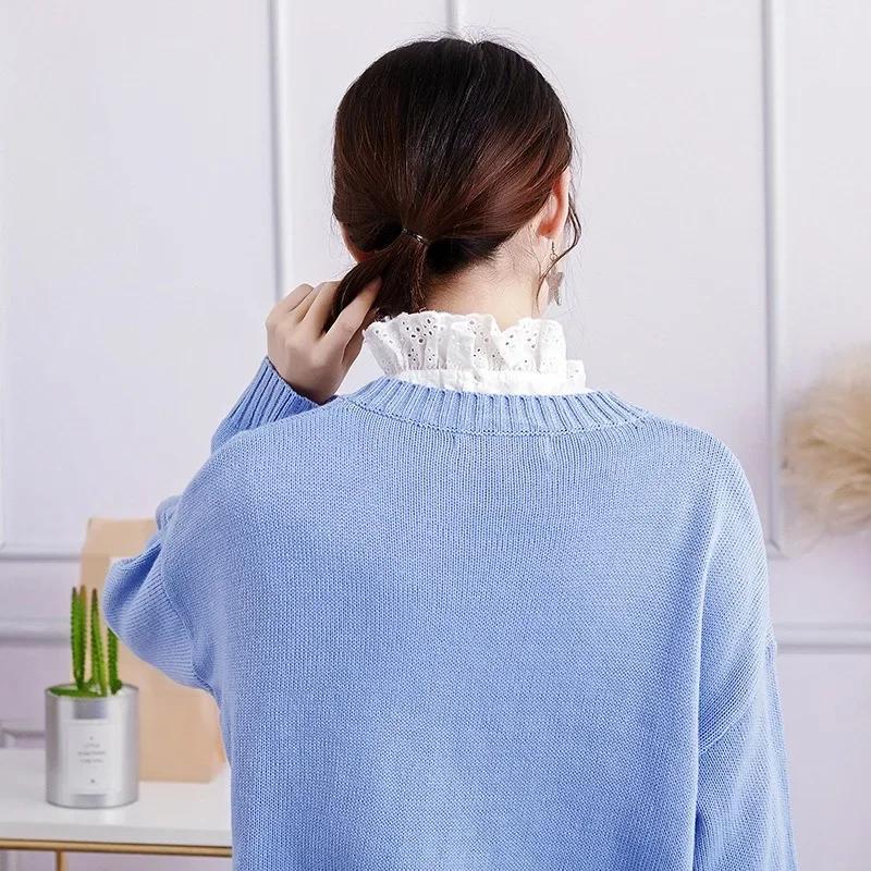 Women Stand Ruffled Fake Collar Lace Hollow Shirt Accessories Adjustable Necktie Dickey Detachable False Collar White Pullover