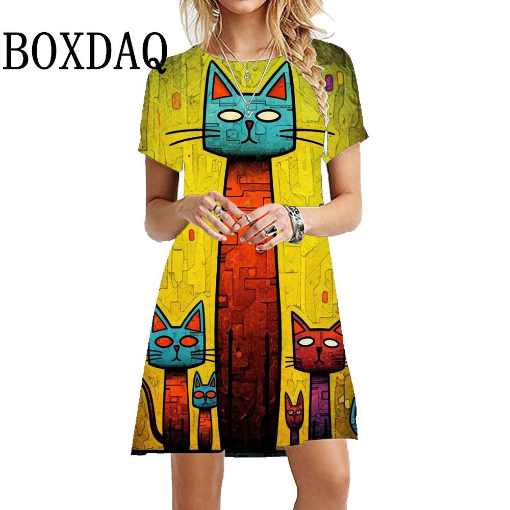 Cartoon Cute Cat 3D Print Girls Dress Summer Women Kawaii Elegant Cat Party A-Line Dresses Casual Short Sleeve O-Neck Mini Dress