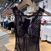 BM Style Ruffle V-Neck Bow Mesh See-Through Slimming Vest Top for Women