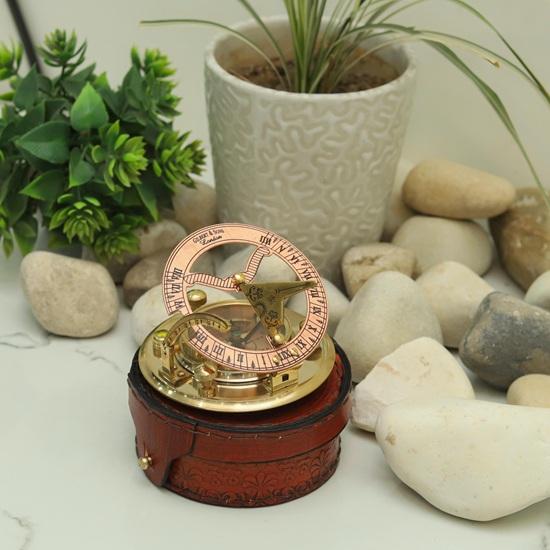 Brass Sundial Compass with Leather Case, 8.89 Cm Navigation Instrument Nautical Gift Handmade Collectible Best Gift Item