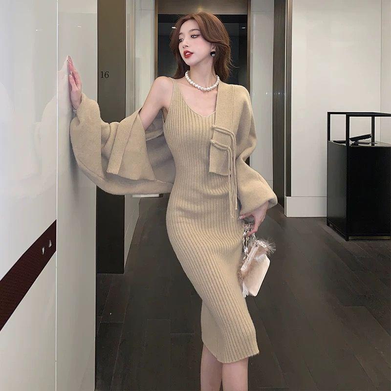 

Комплект из двух предметов из трикотажного ретро-трикотажа для женщин, осень/зима, ленивый стиль, мягкий свитер, кардиган, пальто One Size хаки