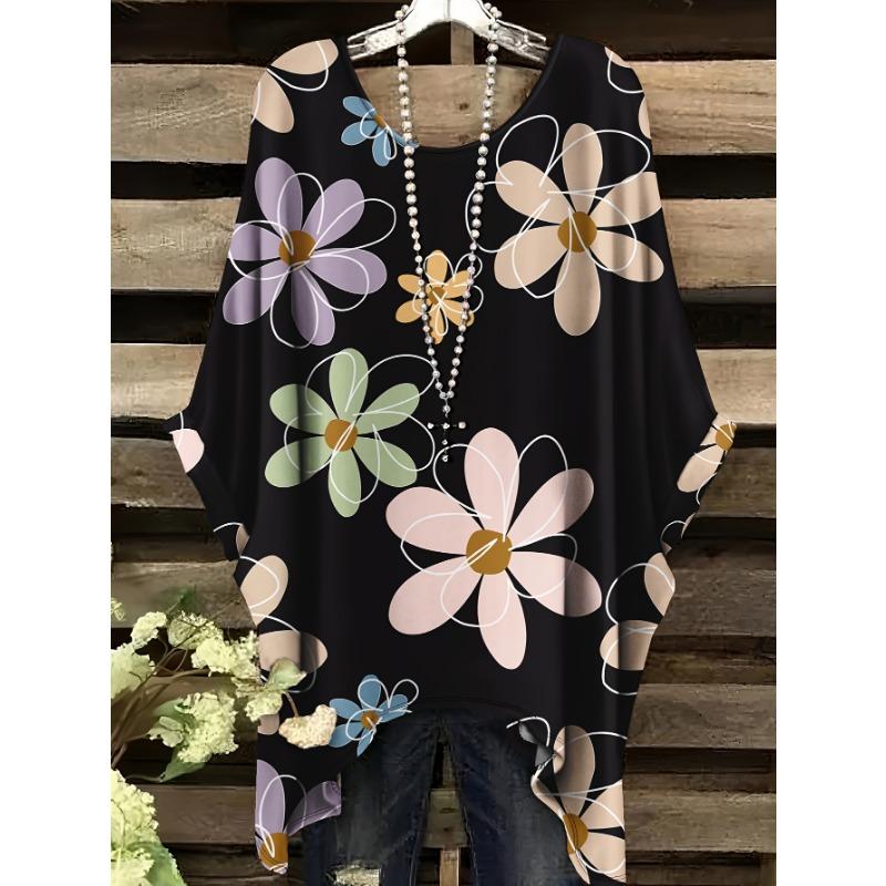 Summer large size floral print swallowtail crew neck T-shirt S