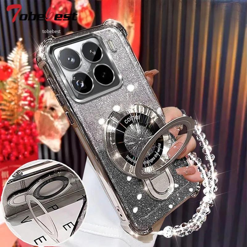 Glitter Plating Shockproof Case For Xiaomi 15 14 Ultra 14T 13 12 12S Pro Fundas Magnetic Holder Bracelet Cover