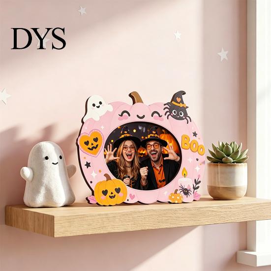 Halloween Picture Frame Wooden Photo Frame, Pumpkin Ghost Cat Cutout Holiday Portrait Holder, Double-sided Tabletop Decor for Home Party Indoor Table