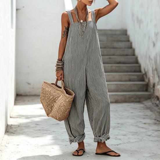 Loose Striped Wide Leg Jumpsuit for Women, Square Neck Sleeveless Wide Leg Rompers with Pockets, Casual Summer One Piece Outfit