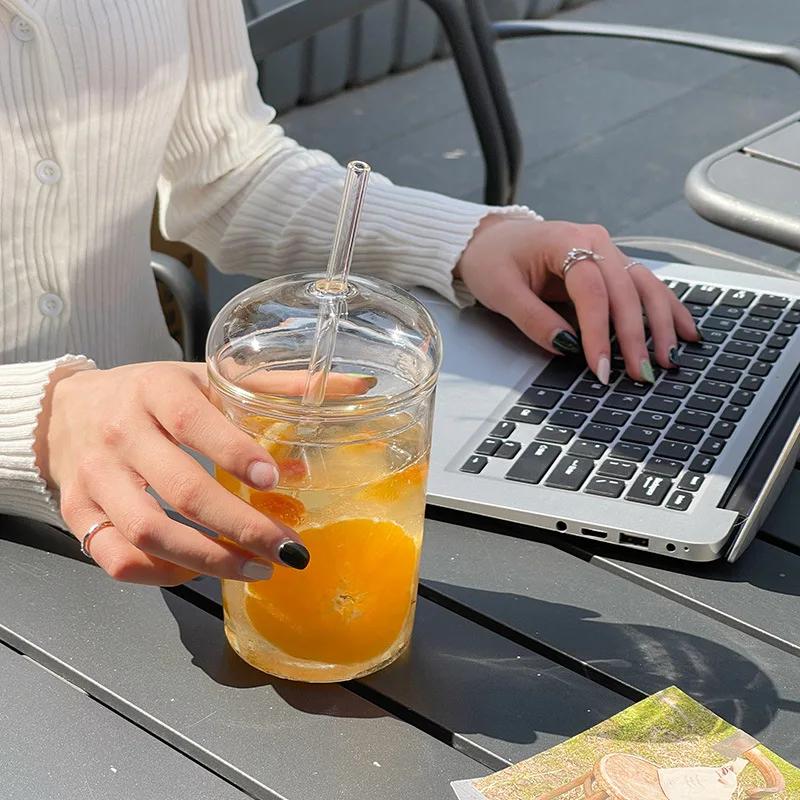 For 450ml Glass Cup With Lid and Straw Transparent Tea  Juice Glasses Beer Can Milk Mocha Breakfast Mug Drinkware
