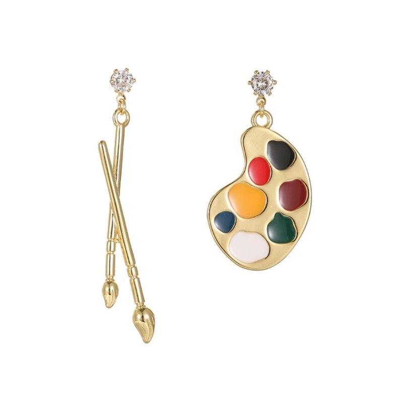 

ANENJERY асимметричные серьги-гвоздики с цирконием, красочная картина в форме, креативные нежные женские серьги ручной работы, ювелирные изделия