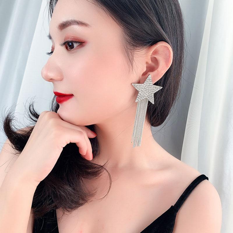 Fashion Brand Design Spicy Europe Advanced Sense Earring Rhinestone Pentagram Star Chain Tassel Earrings Hyperbole Long Pendient