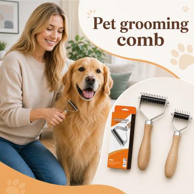 Pet Grooming Open Knot Comb Dual Sided Stainless Steel Teeth with Wooden Handle for Effective Detangling and Shedding Removal
