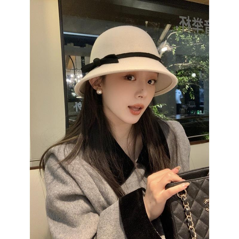 New French Hepburn style bow top hat women's autumn and winter pure woolen basin hat temperament advanced sense bucket hat