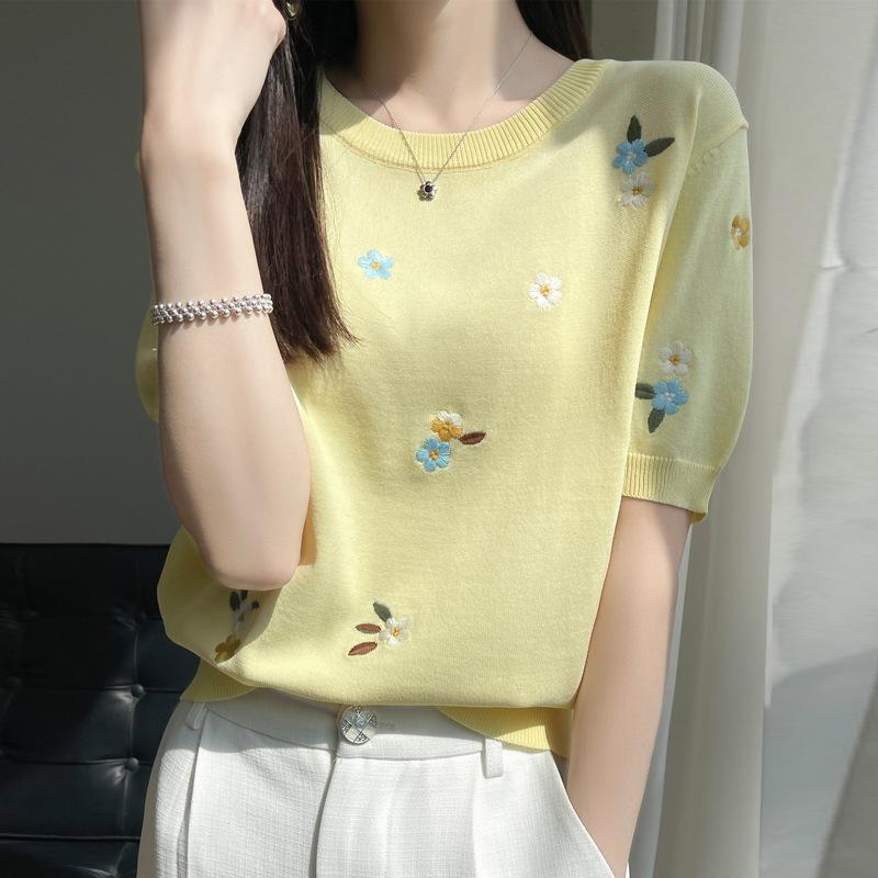 Wornspin Ice Silk Round Neck Embroidered Sweater for Women In Summer New Fashion Embroidered Short-sleeved Loose Embroidered Versatile Top
