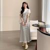 2026 Summer Casual Maternity Two-Piece Set: Short-Sleeved T-Shirt + Striped Slimming Overalls Skirt