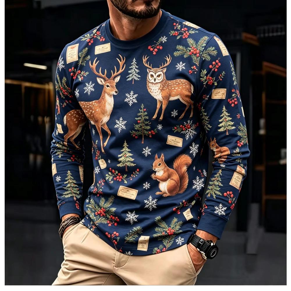Autumn Men's Long Sleeve Top Fashion Comfortable Christmas Elk Theme 3D Print Printed Crew Neck Holiday Party Casual Versatile T-shirt