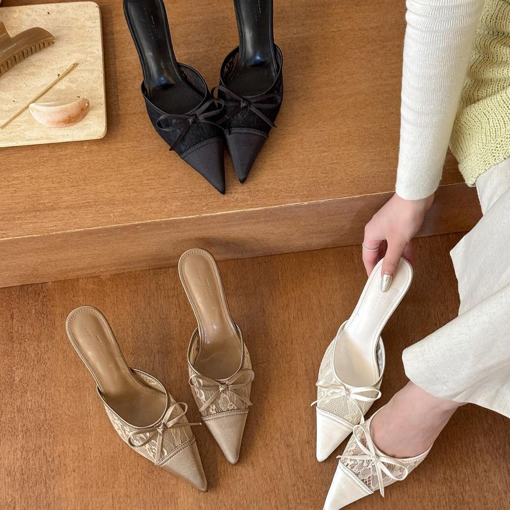 Cold and Gentle Spring and Summer Lace Pointed Head Bow High Heels Women's Sexy Bag Head Half Slippers