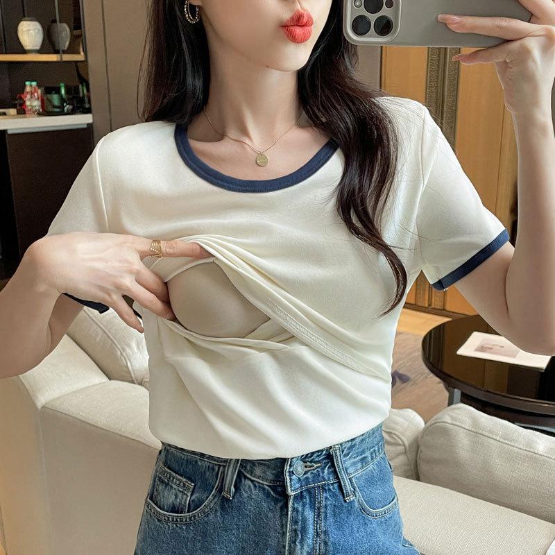 

Color Block U-Neck Nursing T-shirt: Postpartum Short Sleeve Layer M