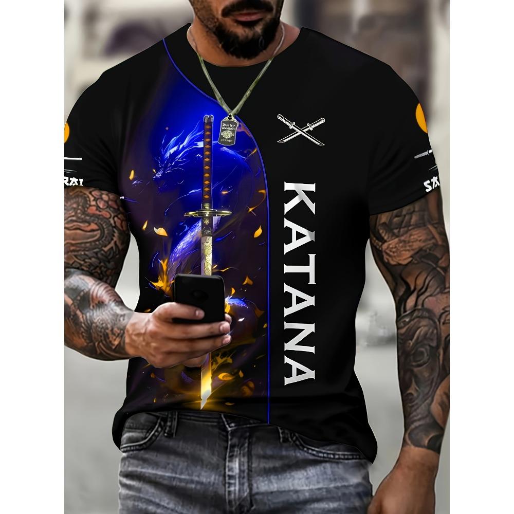 Men s Japanese samurai sword cherry blossom print T-shirt S