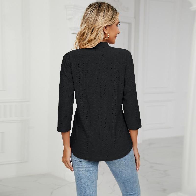 Neue Herbstkleidung für Damen, Jacquard-Oberteile mit V-Ausschnitt, T-Shirts mit mittleren Ärmeln