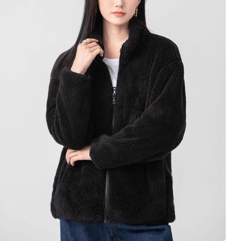 Women's Gray Double-Sided Fleece Hoodie Jacket, Plus Velvet, Thickened, Windproof Stand Collar, Long Sleeve, Warm Outerwear for Autumn/Winter