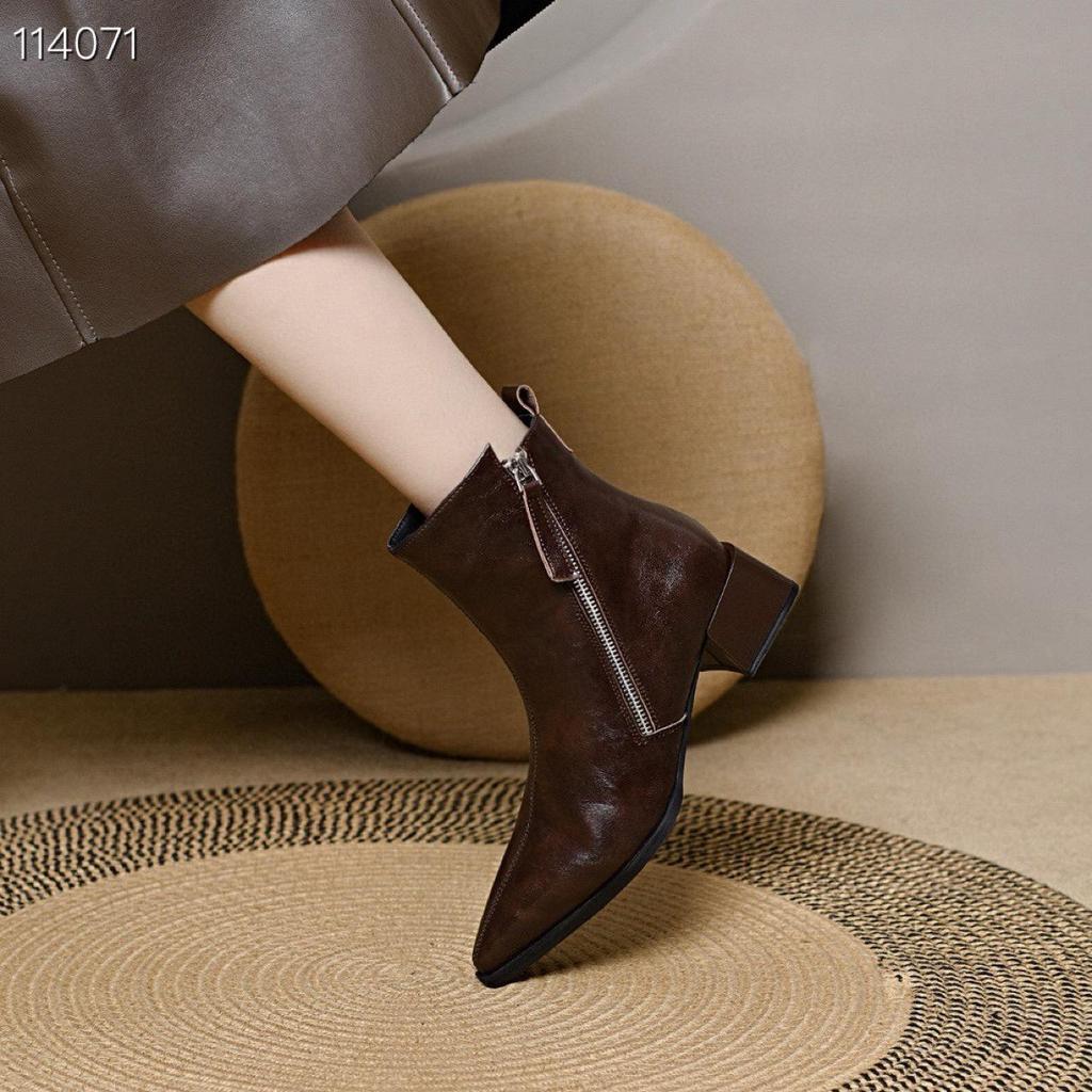 Women's Fleece-Lined Pointed Toe Ankle Boots - 2025 Autumn/Winter Collection, Chunky Medium Heel, Versatile & Slimming Martin Style