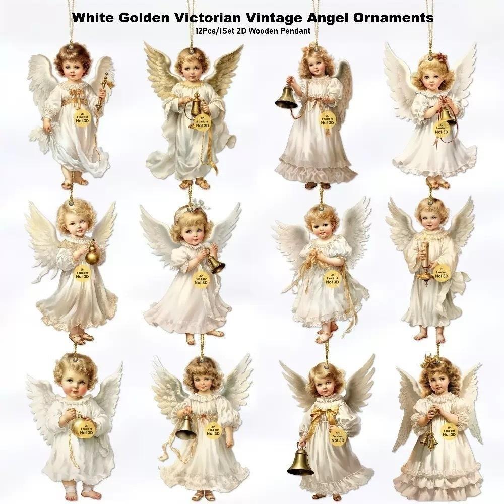12Pcs 2D Flat Victoria Angel Ornament Set Wooden Christmas Decorations New Xmas Tree Pendant