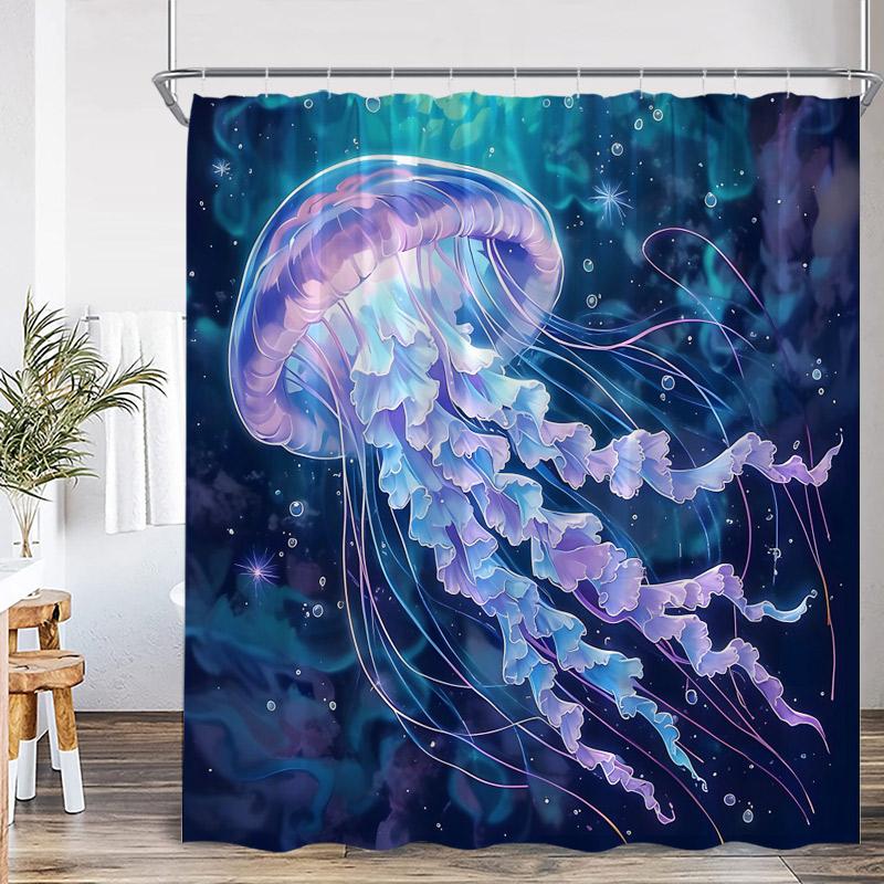 Cartoon Ocean Animals Shower Curtain Shark Dolphin Octopus Starfish Conch Kids Bath Curtains Polyester Bathroom Decor With Hooks